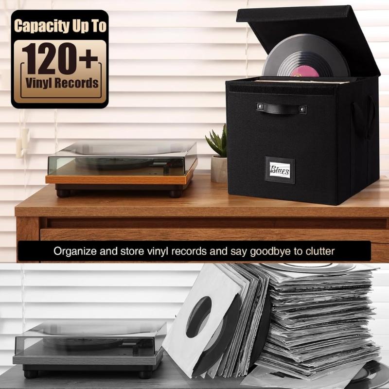 Record Album Case Organizes 120Vinyls Secure Bottom Design Easy Carry Handle Storage Box Adjustable Divider Design