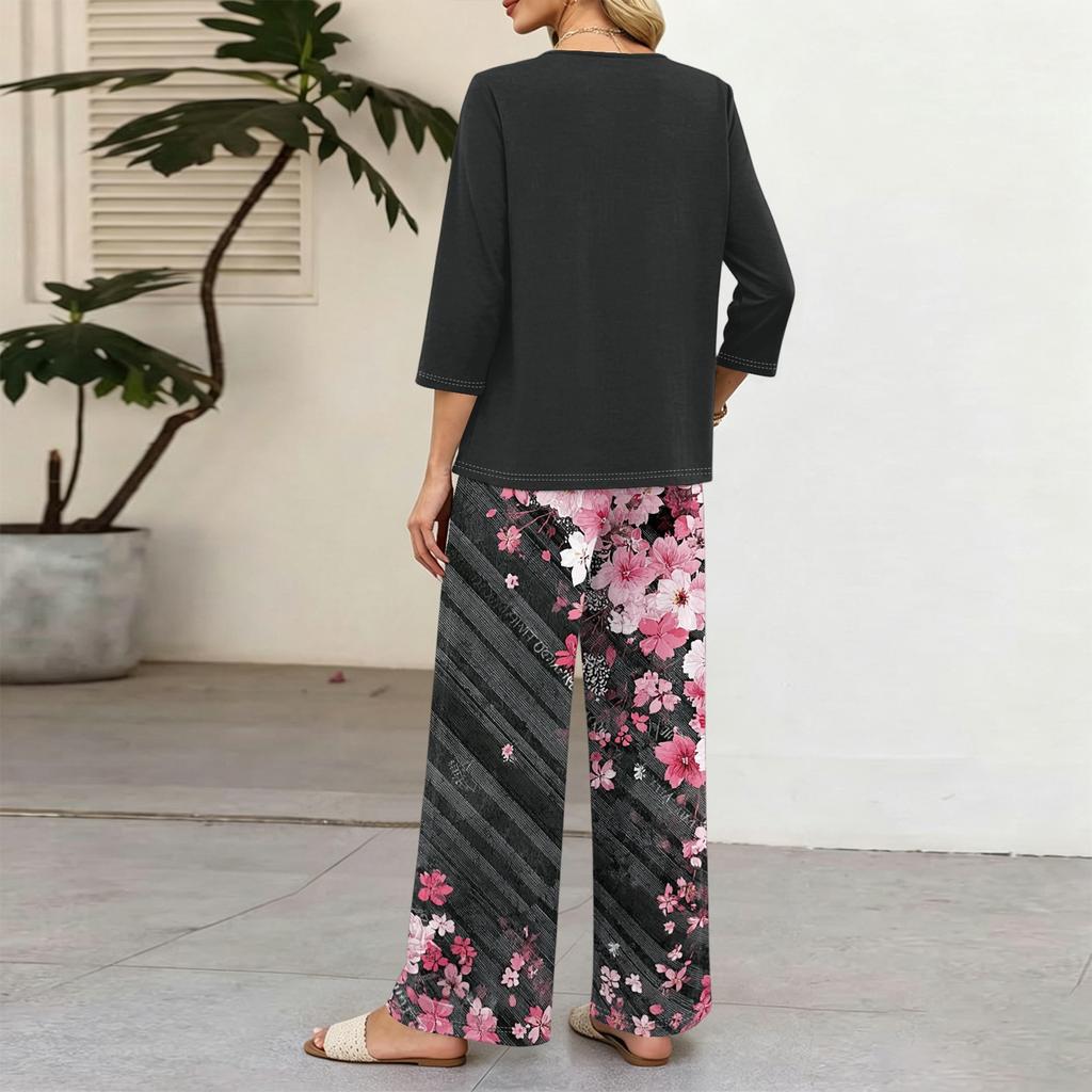 Women Casual Button Front Top with Three Quarter Sleeves and Wide Leg Printed Pants Two Piece Set Comfortable Loose Fit