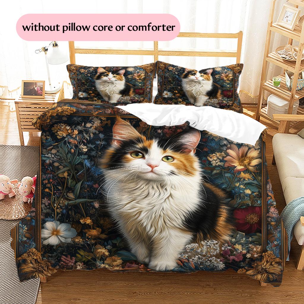 Calico Cat and Fresh Flowers Pattern Bedding Home Decoration Birthday Gift (1 * Duvet Cover + 2 * Pillowcase, Without Core)