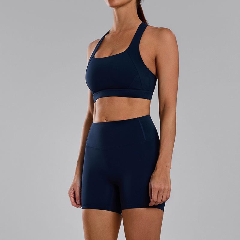 

Женский спортивный комплект на весну/лето 2025 года - ощущение обнаженности, высокая эластичность, быстросохнущий, европейский/американский стиль, одежда для йоги с красивой спиной L темно-синий