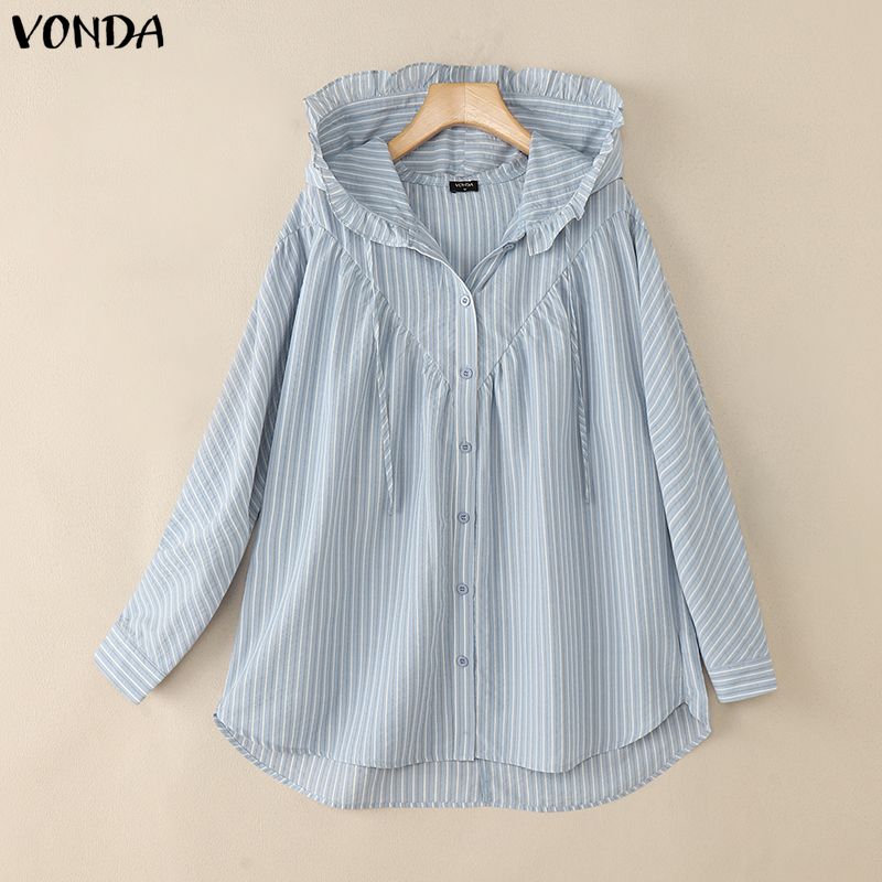 VONDA Oversized Women Casual Long Sleeve Striped Loose Hooded Shirts Blouse