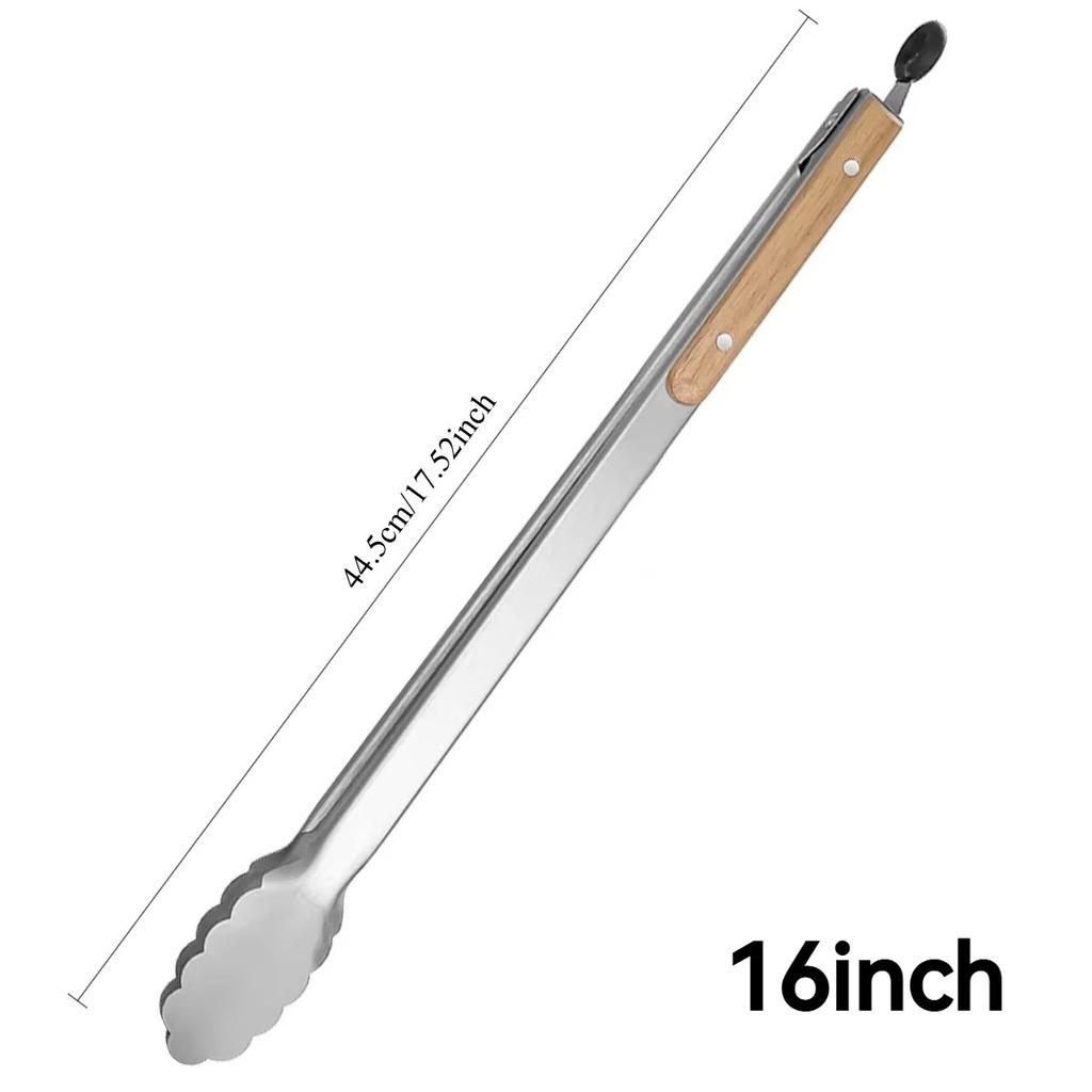 Heavy Duty Stainless Steel Food Tongs with Wooden Handle, Heat Resistant BBQ Grilling Tool for Kitchen & Outdoor, 9-16 Inch