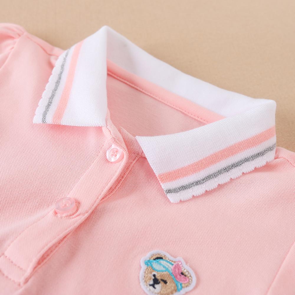 Toddler Girls 2024 New Summer Short Sleeves Kids Clothing Baby Girls' Cartoon Patched Striped Trim Polo Shirt