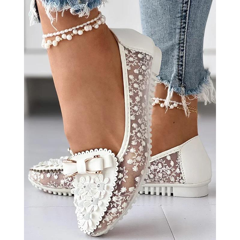 Fashion Summer Breathable Solid Color Vulcanized Shoes Floral Embroidery Bowknot Loafers Women Non-slip Flower Sneakers Chaussure Femmes
