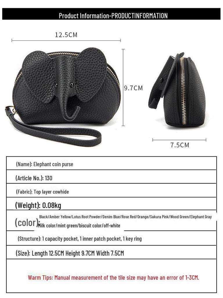 Kreatywny portfel ze skóry z zamkiem błyskawicznym w kształcie słonia - uroczy i kompaktowy