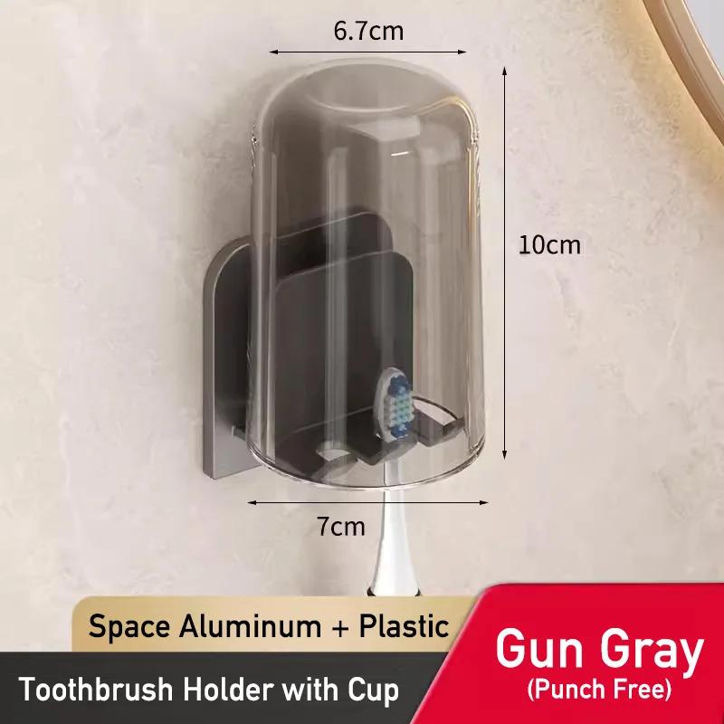 Aluminum Toothbrush Holder Wall Mounted No Drill Sticky Organizer Rack Bathroom Punch Free Electric Tooth Brush Holder with Cup