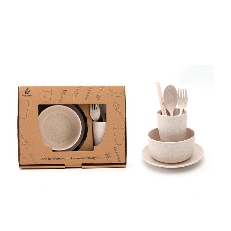 6Pcs Wheat Straw Dinnerware Set for Kids, Reusable Eco-Friendly Tableware Includes Bowl Plate Spoon Fork Chopsticks, Portable Gift Utensils