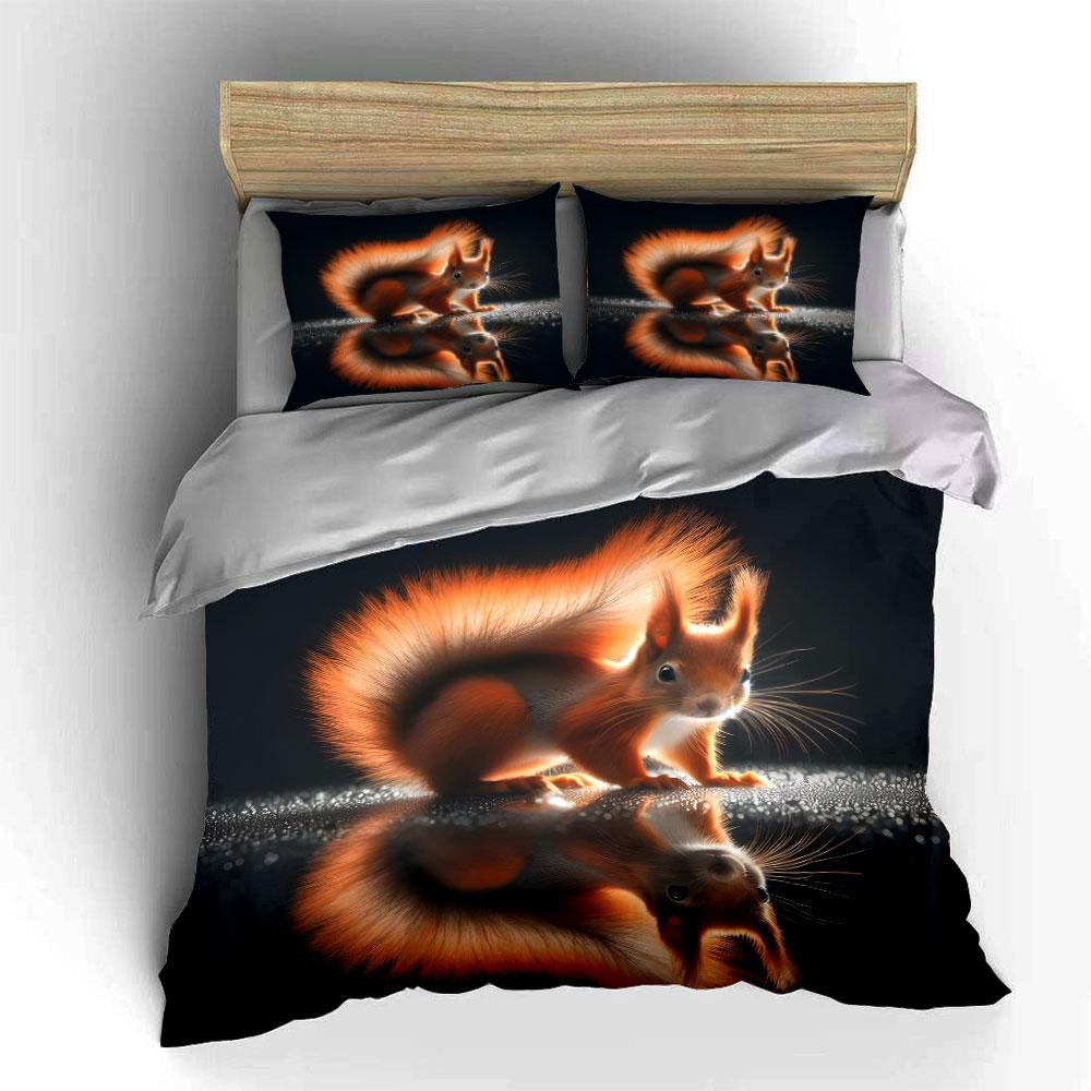 Fluffy Red Squirrel Reflection Printed Duvet Cover Set1 Duvet Cover+2 Pillowcasemulti Size Bedroom Bedding Decor Luxury Gifts