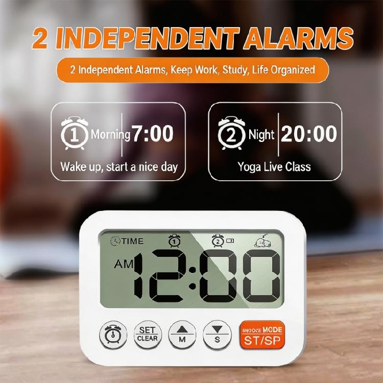 Digital Alarm Clock with 99:59 Down Count, Two Alarm Functions, Foldout Stand and Wall Hanging for Kitchen Office Use Daily Indoors