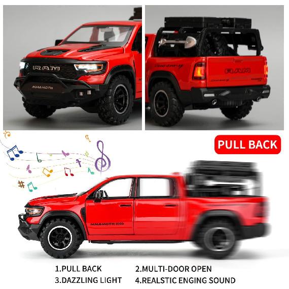 BDTCTK Dodge Ram Mammoth Pick-Up Truck Model Car, Zinc Alloy Pull Back Toy car with Sound and Light for Kids Boy Girl Gift(Red)
