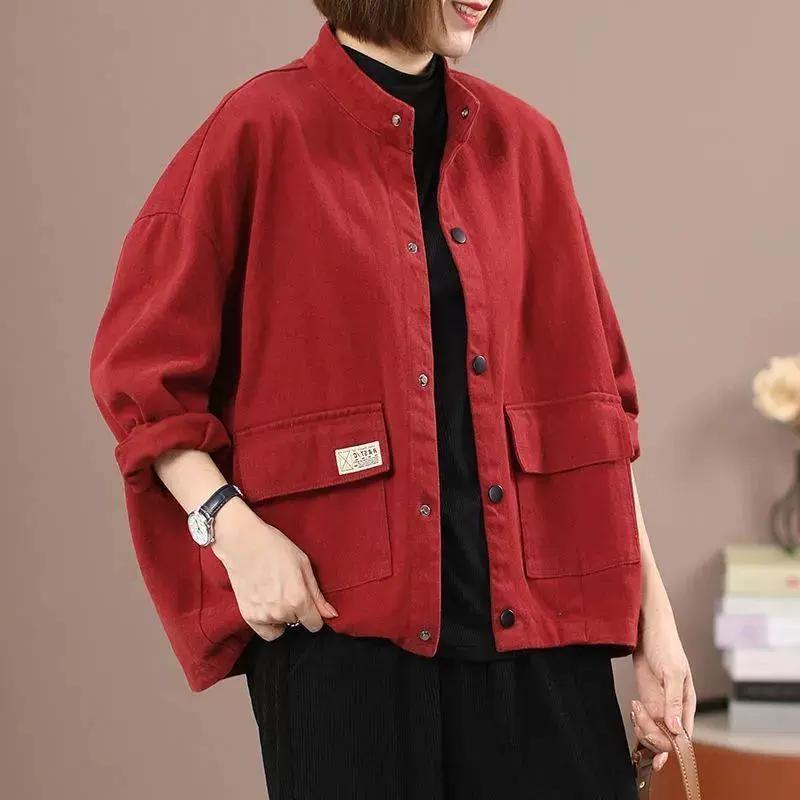 Stand Collar Workwear Denim Jacket Women's Casual Jacket Spring and Autumn Loose Oversized Short Cardigan