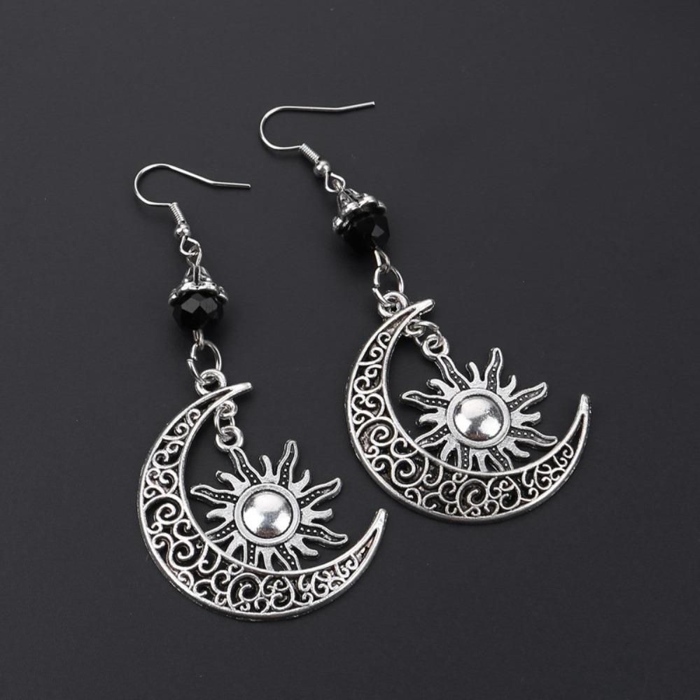 Bohemia Retro Silver Color Sun Hollowed-out Crescent Moon Five-pointed Star Pendant Dangle Earrings for Women Charm Jewelry Gift