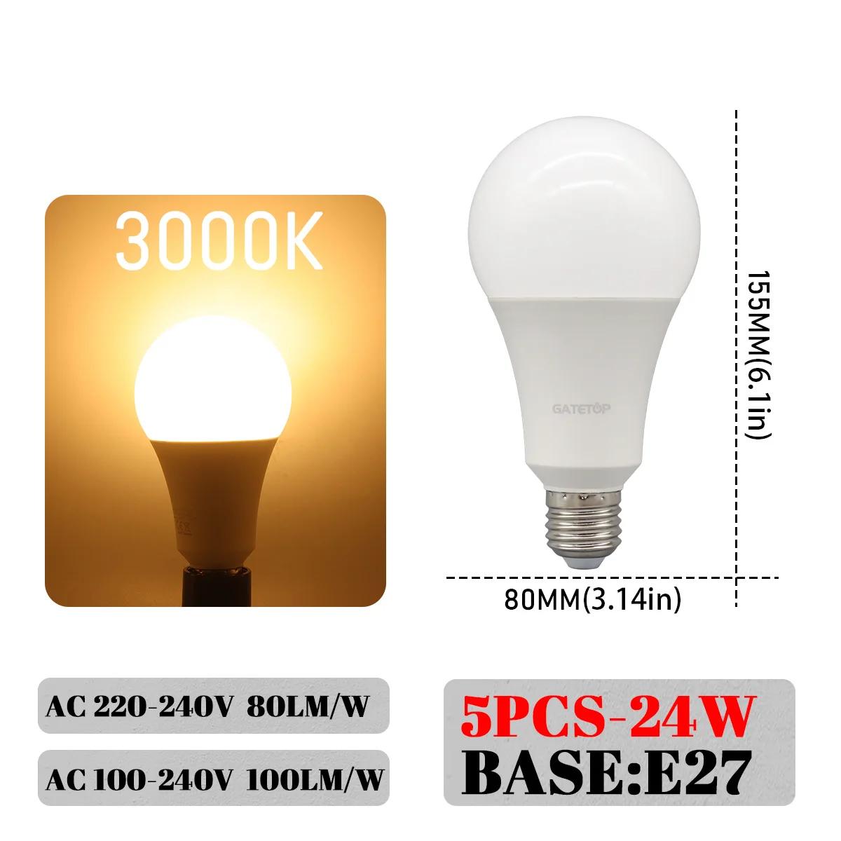 

5Pack Super Bright 24W 2400lm LED Bulb Lamp Light E27 AC 220V 110V Mini Lamp 3000K 4000K 6000K Cold Lighting for Foyer Derec AC220-240V&24W