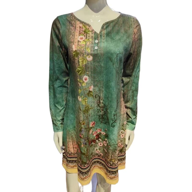 Women's Fashion Autumn Winter Solid Color Print Long Sleeve V-Neck High Waist Casual Dresses