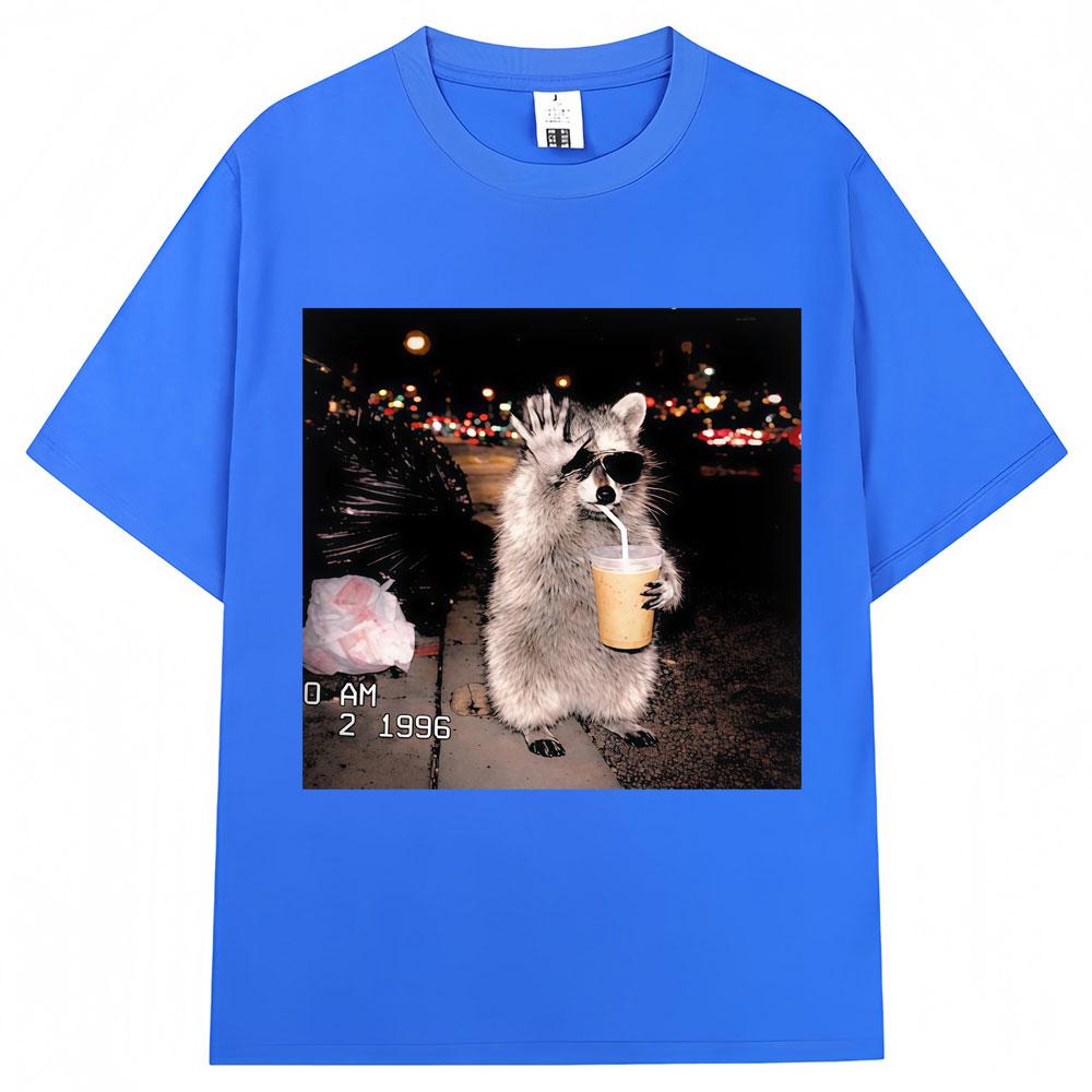 Raccoon Drinking Iced Coffee Funny Meme Print T Shirt   Humor Animal T-shirts Oversized Cotton Casual T-shirt Streetwear