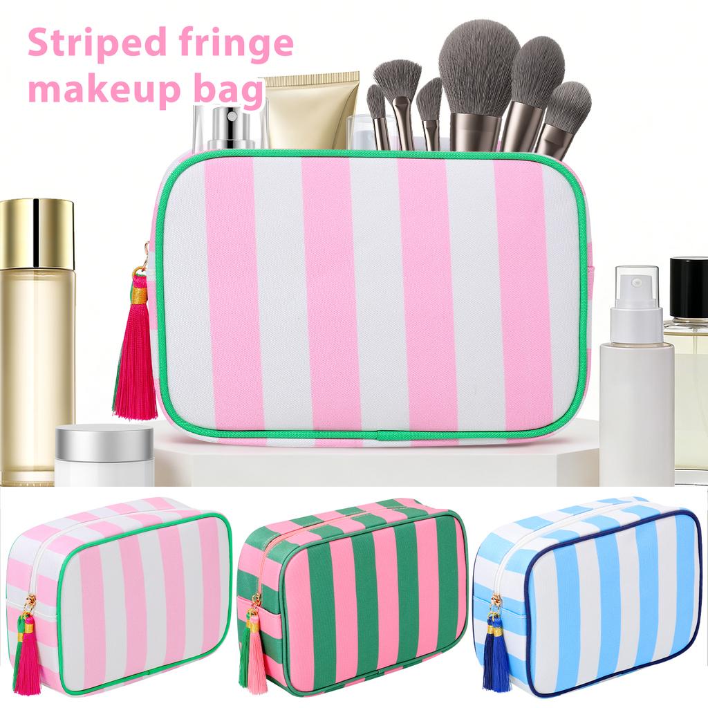 Travel Makeup Bag Portable Tassel Toiletry Bag with Zipper Fashionable Stripe Multi-purpose Storage Bag for Skincare Haircare