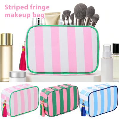 Travel Makeup Bag Portable Tassel Toiletry Bag with Zipper Fashionable Stripe Multi-purpose Storage Bag for Skincare Haircare