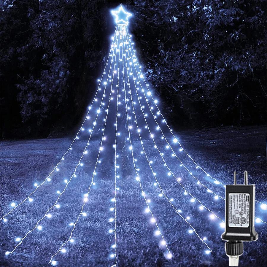 9X3.5M 350 LED Solar Christmas Waterfall Star String Light Outdoor Christmas Tree Topper Star Fairy Light Solar Garland Light