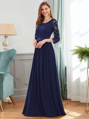 Ever-Pretty Vestidos de Invitados de Boda de Invierno Maxi de Encaje con Cintura Imperio y Manga 3/4 Elegantes para Mujer