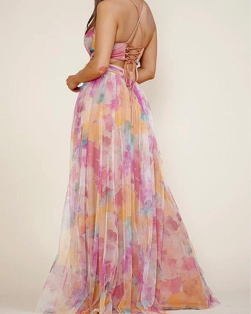 Cross2026 Europe Spring/Summer Mesh Print Spaghetti Strap Dress - INS Vacation Casual Party Style