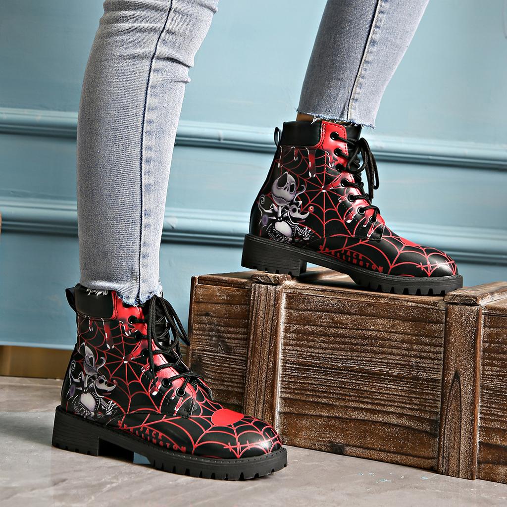 European and American foreign trade large size Halloween printed short leather boots women's round head thick heel front lace-up round head thick heel