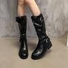 Skinny fashion splicing locomotive boots stacked with autumn belt buckle long boots thick heel knight boots women's new models