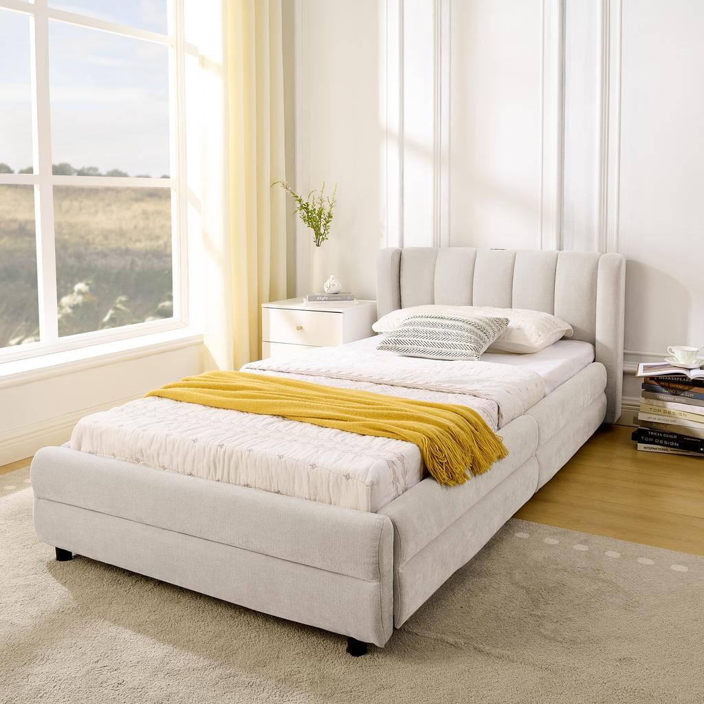 Single Bed 90x200 cm, Side Storage, USB Charging Port, Chenille Fabric, Ergonomic Design, Children's Room, Guest Room, Beige (without Mattress)