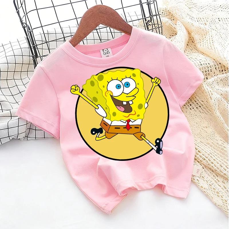 SpongeBob TShirt for Kids Cartoon Design Round Neck for Boys and Girls Cotton Casual Streetwear Short Sleeve Kids Tops