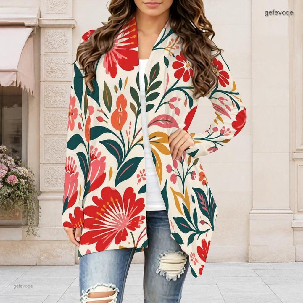 Women Plus Size Open Front Long Sleeve Draped Collar Floral Printed Black Curved Hem Cardigan