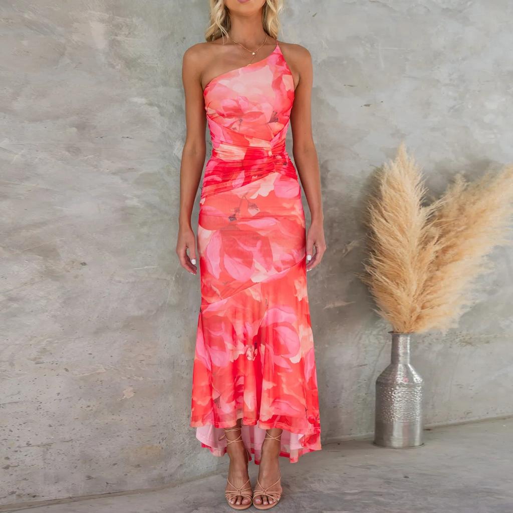 Women's Fashion Summer Sexy Slanted Shoulder Floral Print Sleeveless Vacation Slim Fit Dress