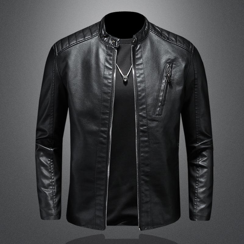 

2026 Men s Slim-Fit Autumn Leather Motorcycle Jacket with Stand-Up Collar 5XL чорний