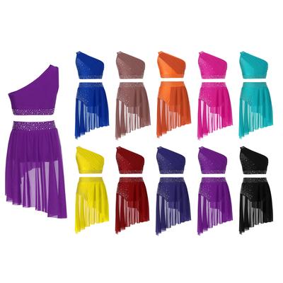 Kids Girls Lyrical Dance Performance Outfit Shiny Rhinestone Overlay One Shoulder Crop Top with Skirted Briefs