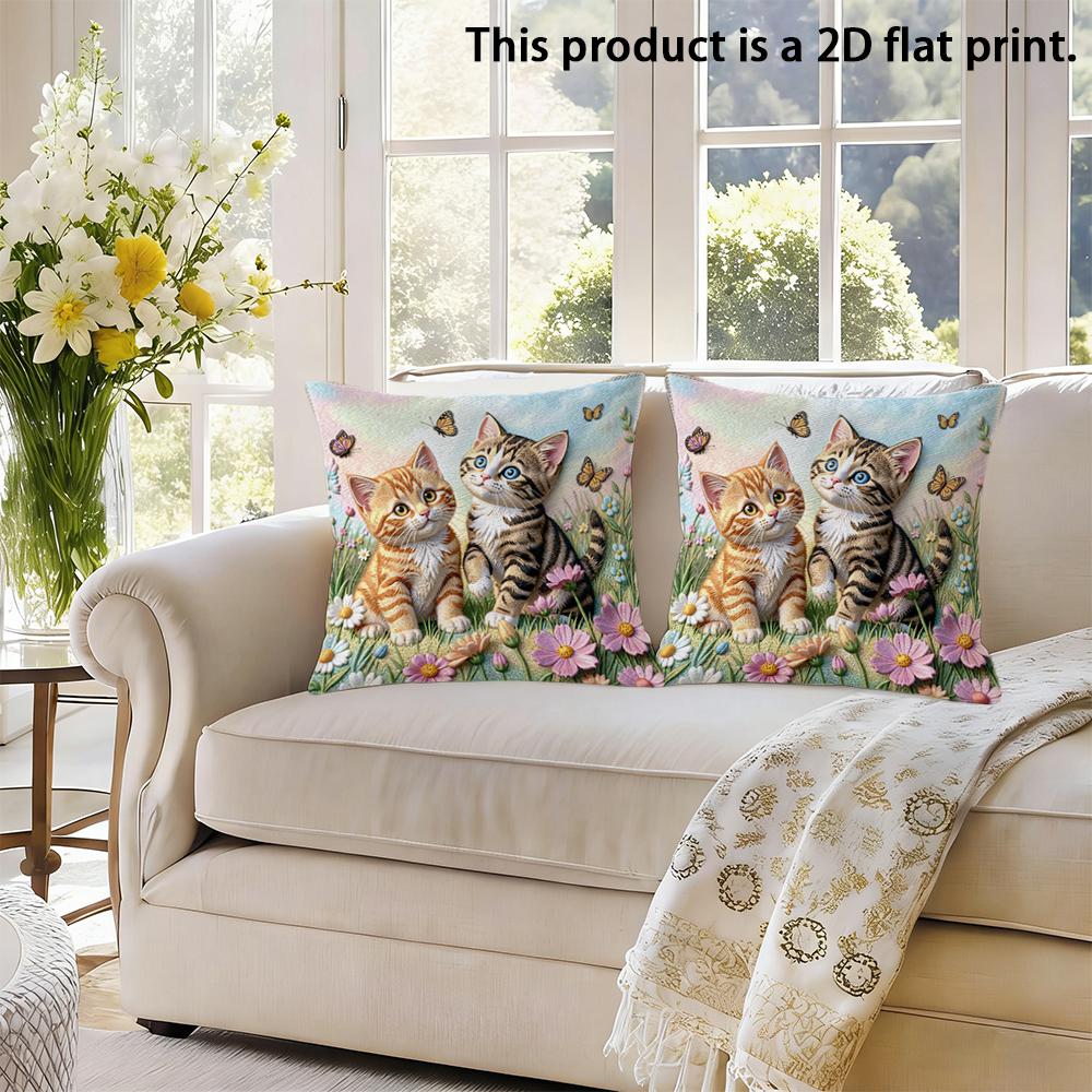 2pcs Cute Kittens Floral Butterfly Throw Pillow Covers Spring Garden Decorative Pillowcases for Sofa Bedroom Cushion Cover