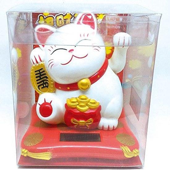 (PLUS COMFORT) Maneki Neko Solar Automatic Moving Height 15cm Wealth Fortune (White Big Size)