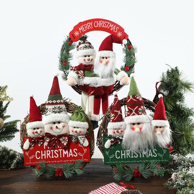 1 Stück Stoff Weihnachts-Kranz Girlande mit Weihnachtsmann und Schneemann Tür Wandbehang Rattan Ornament für Feiertags-Szenen-Dekor