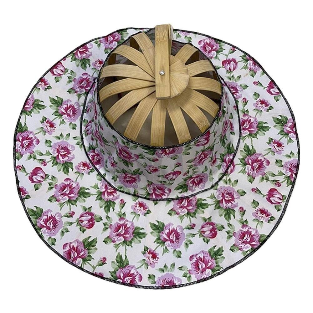 Floral Printed Fan Sun Hats Foldable Bamboo Sunscreen Cap Women Sunhat Folding Fan Hat  for Travel