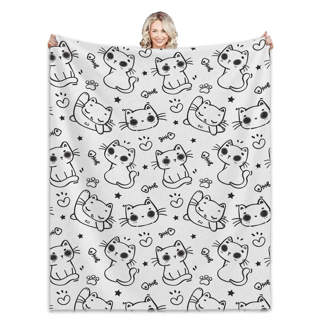 Cat Blankets for Cat Lovers Black and White Cat Print Blanket for Girls Women Soft Blanket for Bed Couch Sofa Chair
