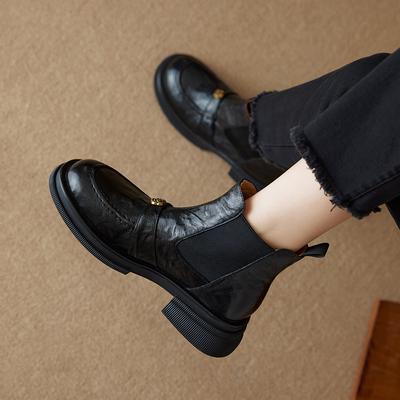 Camellia Chelsea Boots Coarse Heel Short Boots Women's Spring and Autumn Single Boots Smoke Boots Thick-soled Martin Boots