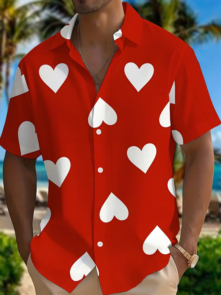 Red And White Heart Full Print Short Sleeve Shirt, Valentine'S Day Cuban Collar Casual Shirt Suitable for Dates/Festive Celebrations