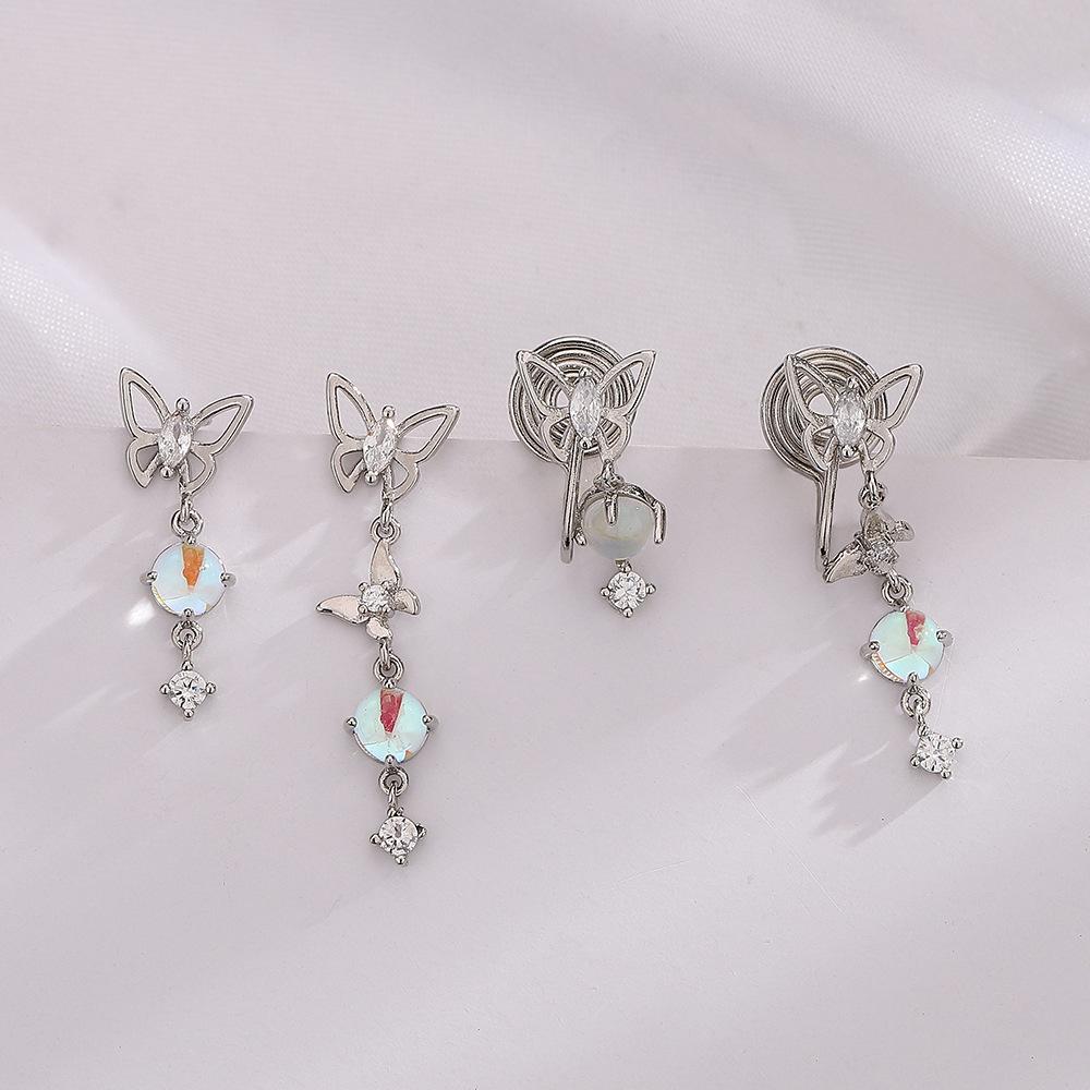 Gu Maoning, Light Luxury Asymmetric Earrings, Niche Zircon Fringed Earrings, Temperament, Moonstone Butterfly Earrings, Long.