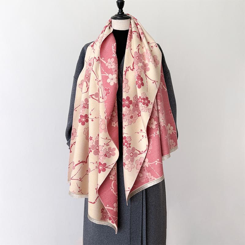 Retro Elegant Plum Blossom Imitation Cashmere Scarf Women'S Thickened Double-Sided Cold Protection Outside With Winter Shawl Office Cape