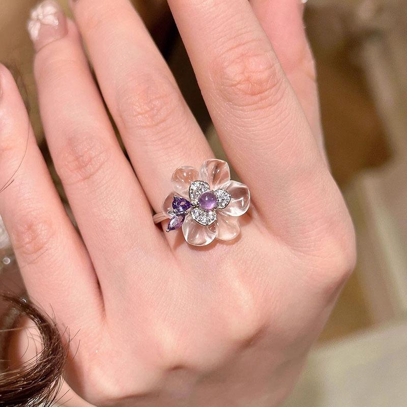 

Romantic Fresh Flowers Purple Crystal rings for women Beautiful and Unique Transparent Exquisite Ring Couples Fine Jewelry Gifts resizable фиолетовый