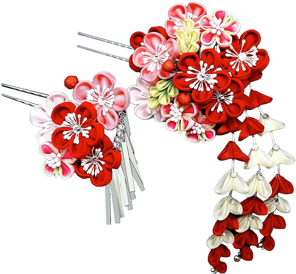 Hair ornament set Furisode ceremony Tsumami work Red Pink Silver birch [Kyoto Usagido] 2-piece coming-of-age wk-226