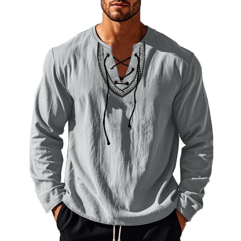 Herren Langarmshirt mit Henley-Kragen und Piraten-Motiv, Kordelzug, Baumwolle und Leinen, mit Schnürung, V-Ausschnitt, Hippie-Strand-Tops für Frühling und Sommer
