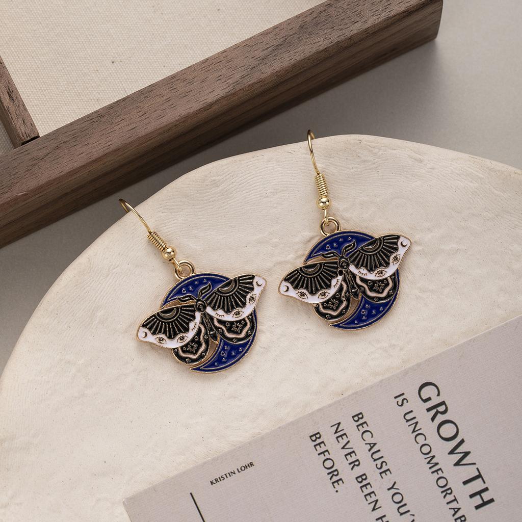 Dark Wind Oil Butterfly Earrings, Creative Design Sense Alloy Star Moon Moth Ear Hook Earrings Women