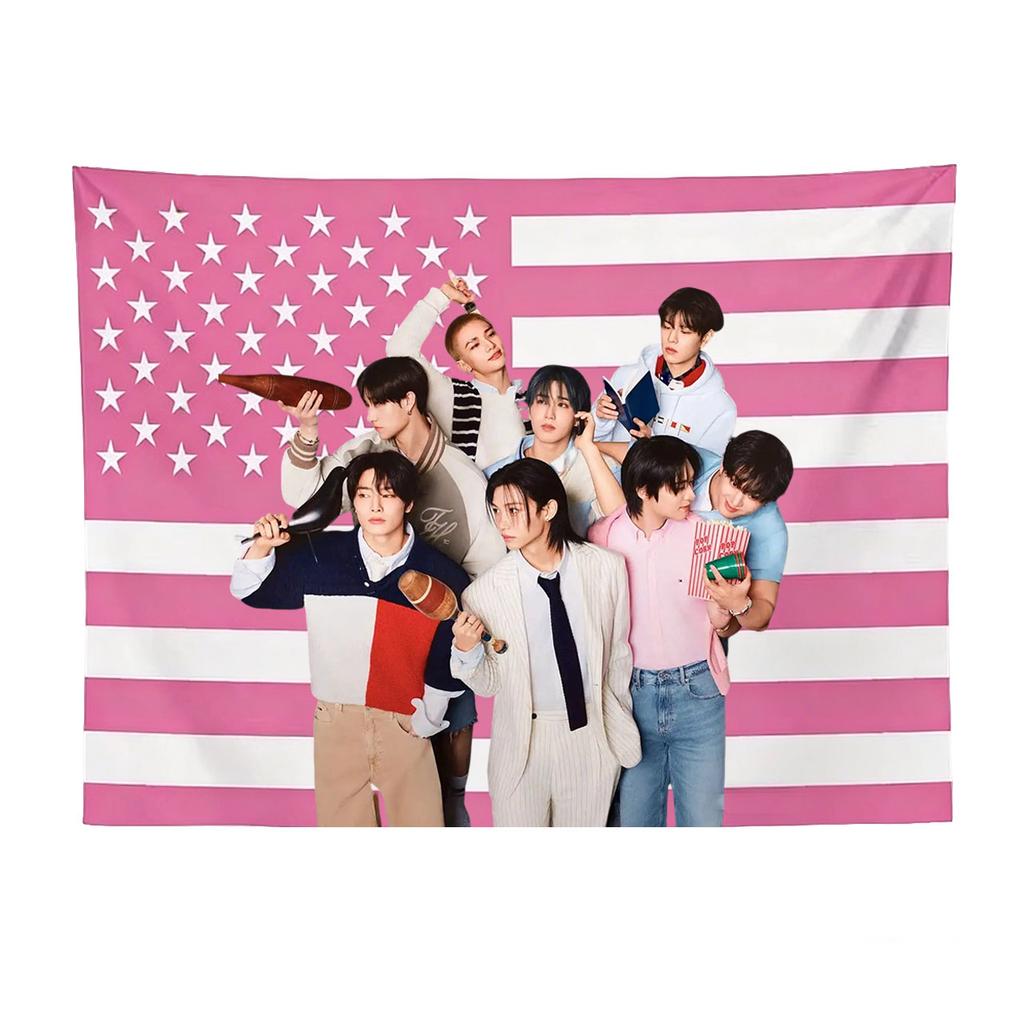 SKZ Pink American Flag Tapestry Flat Print SKZ Group Photo Wall Hanging Trendy KPop Fan Room Decor Banner for Bedroom