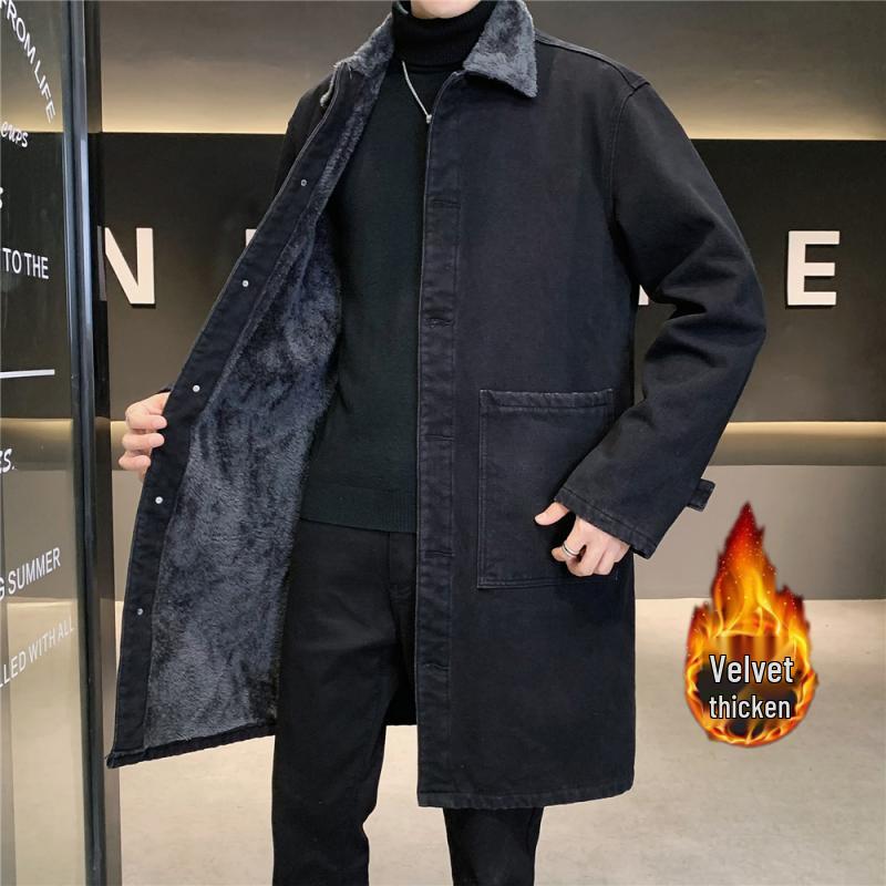 

Мужской джинсовый тренч средней длины с подкладкой из овечьей шерсти - Зимний большого размера свободного кроя Default