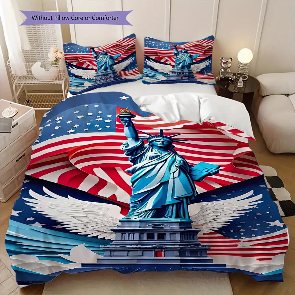 Patriotic Theme Statue of Liberty Bedding, Duvet Cover, Pillowcase, Home Decoration, Birthday Gift (1 * Duvet Cover+2 * Pillowcase, Coreless)