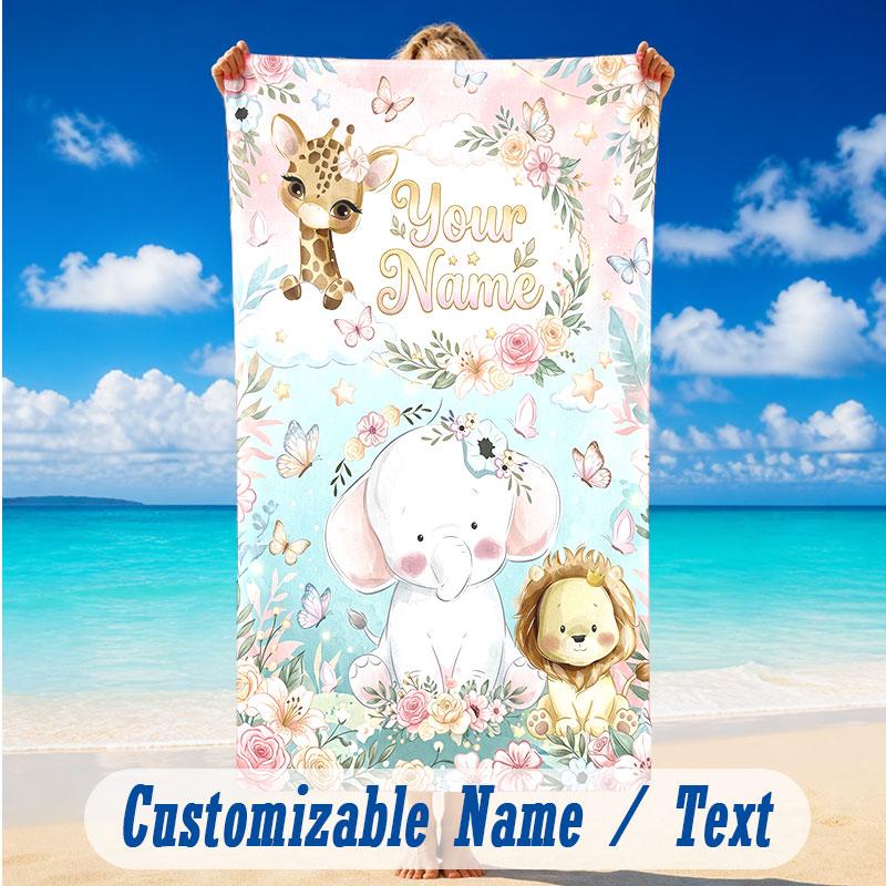 Elephant Theme Beach Towel Personalized Custom Name & Text Soft Quick Dry Beach Towel for Swimming Travel