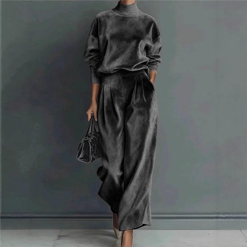 Velvet Matching 2 Piece Set Women Turtleneck Long Sleeve Top And Wide Leg Trousers